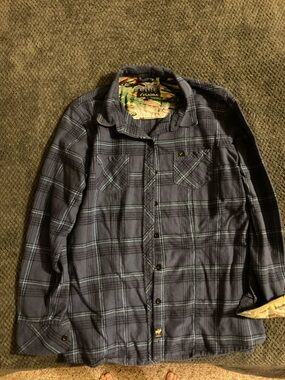 Pladra Plaid Button-Up Flannel in Dark Blue, fish accents